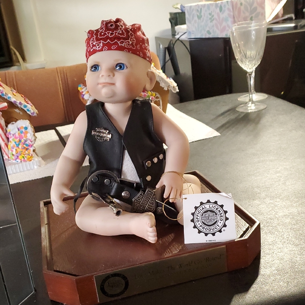Motorcycle Baby Doll with Black Harley Davidson Vest